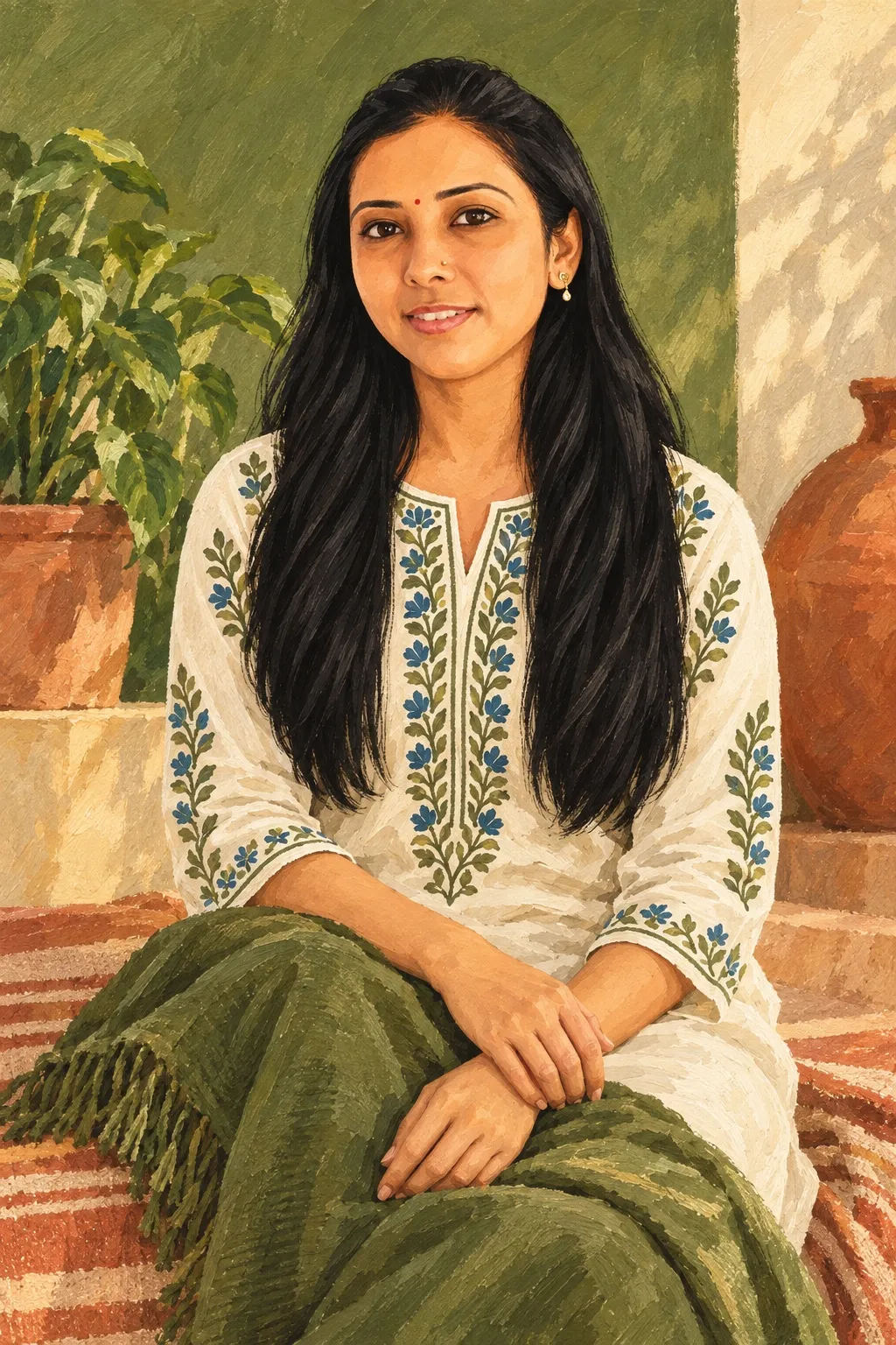 Illustrated portrait of Janki, smiling