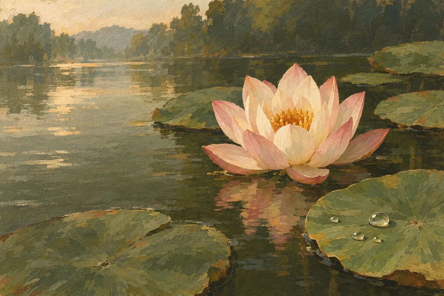 A lotus open on still water, droplets beading on a leaf
